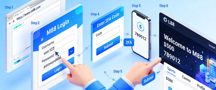 Animasi visual proses login M88 dari membuka link hingga masuk ke dashboard akun