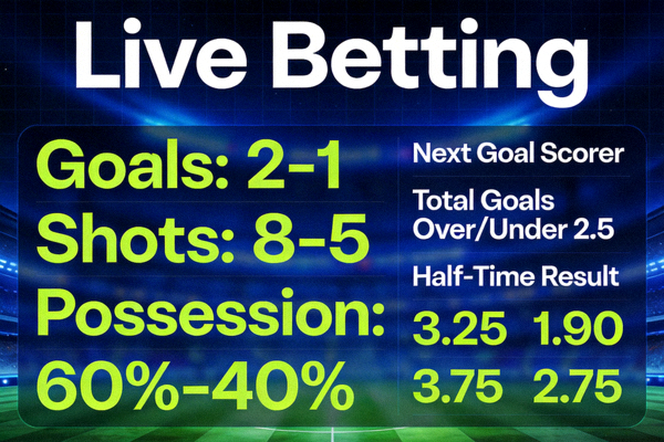 Tampilan live betting dengan statistik real-time dan pilihan taruhan in-play